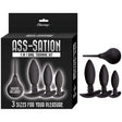 Ass-sation 3 In 1 Anal Training Kit Black with three silicone butt plugs and a douche for backdoor play.