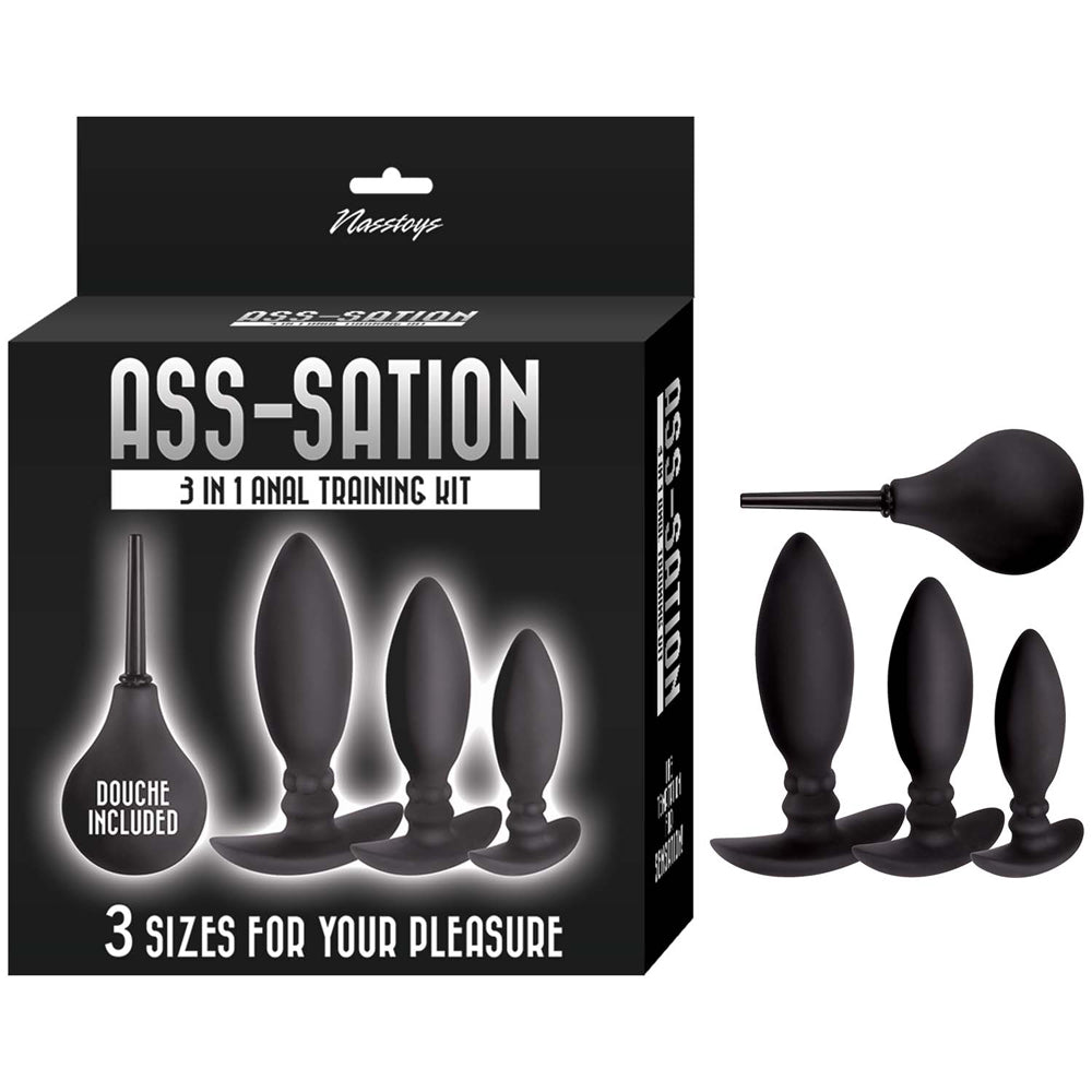 Ass-sation 3 In 1 Anal Training Kit Black with three silicone butt plugs and a douche for backdoor play.