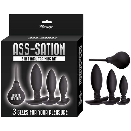 Ass-sation 3 In 1 Anal Training Kit Black with three silicone butt plugs and a douche for backdoor play.