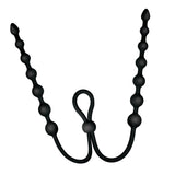 Ass-sation Dual Silicone Anal Beads Black featuring lasso-style cock ring and flexible bead strings for versatile pleasure.