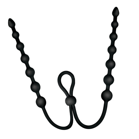 Ass-sation Dual Silicone Anal Beads Black featuring lasso-style cock ring and flexible bead strings for versatile pleasure.
