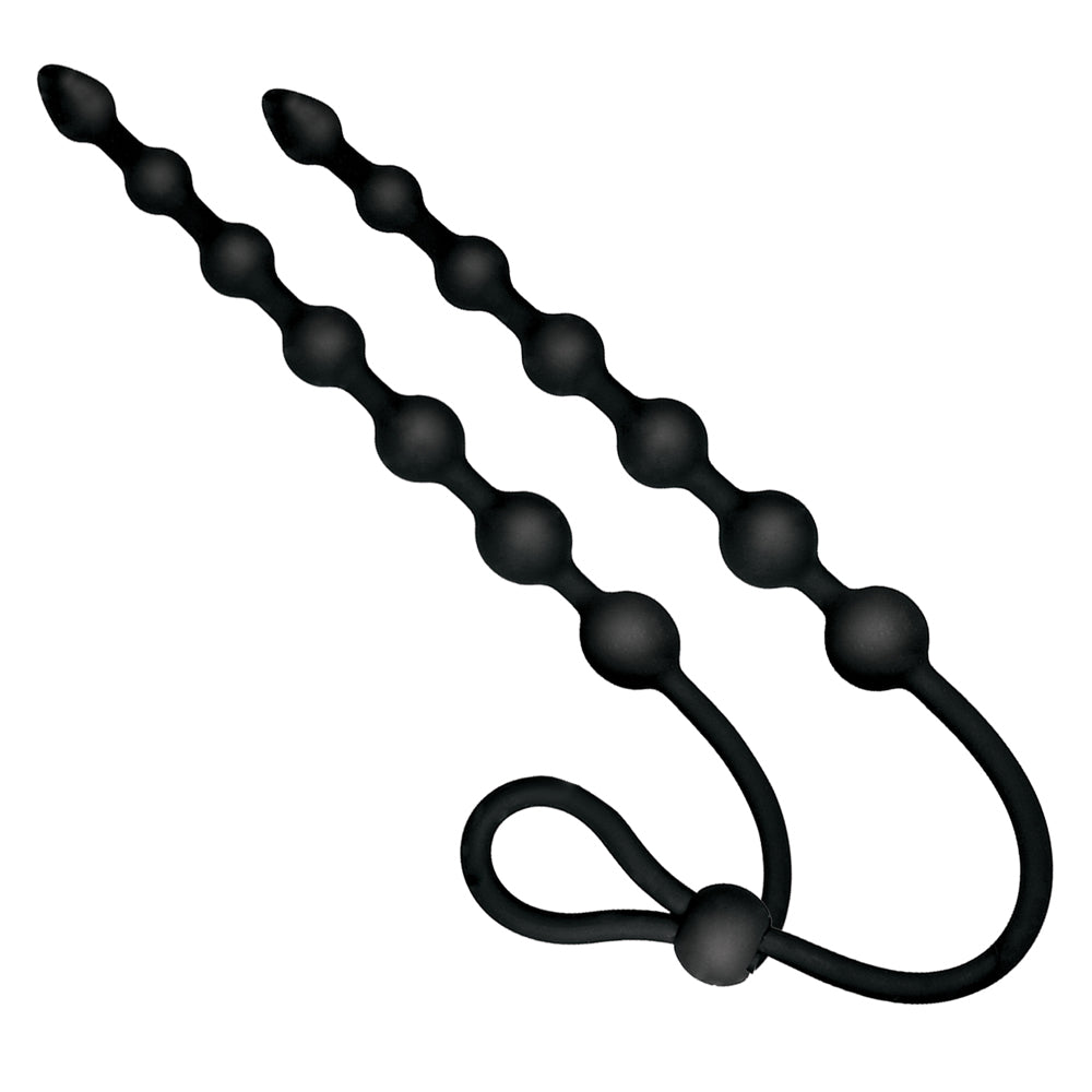 Ass-sation Dual Silicone Anal Beads Black with flexible bead strings and lasso-style cock ring.