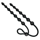 Ass-sation Dual Silicone Anal Beads Black with flexible bead strings and lasso-style cock ring.