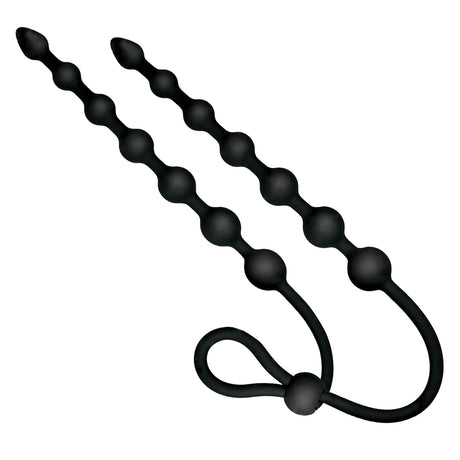 Ass-sation Dual Silicone Anal Beads Black with flexible bead strings and lasso-style cock ring.