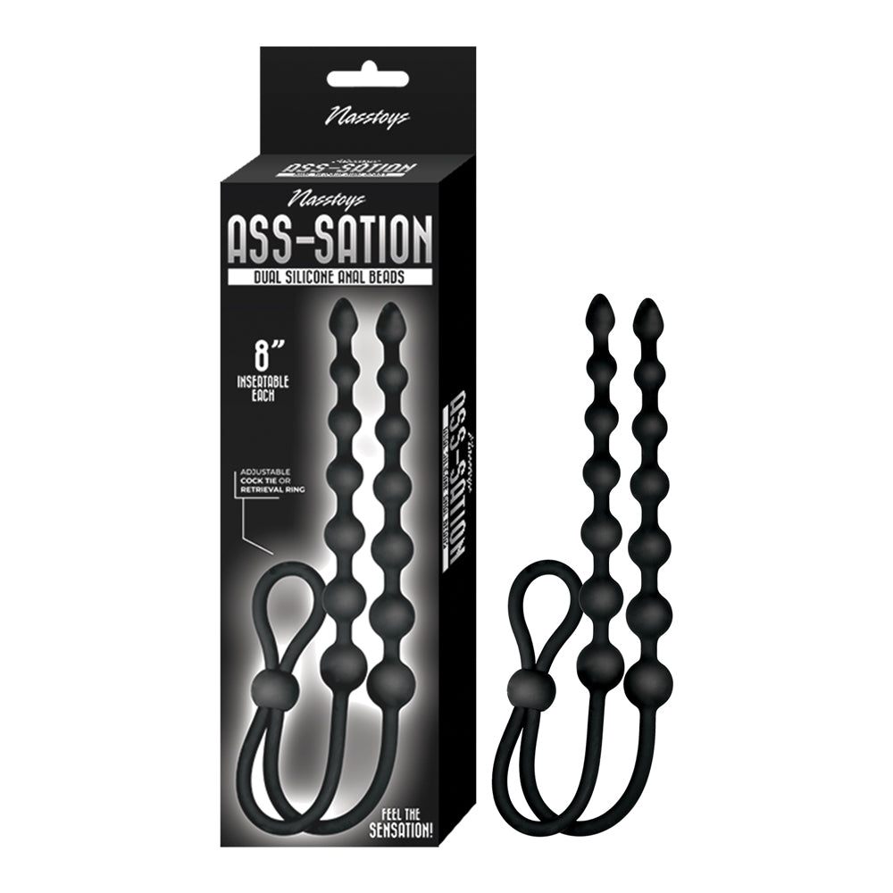 Ass-sation Dual Silicone Anal Beads Black packaging showcasing adjustable cock ring and flexible bead strings.