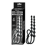 Ass-sation Dual Silicone Anal Beads Black packaging showcasing adjustable cock ring and flexible bead strings.