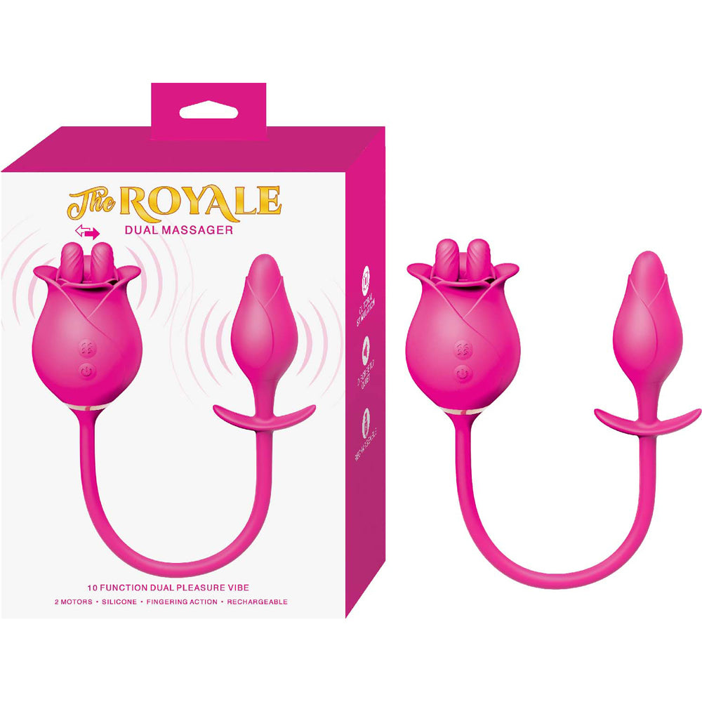 The Royale Dual Massager Silicone Vibrator Pink with box, featuring dual motors and finger stimulation.