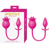 The Royale Dual Massager Silicone Vibrator Pink with box, featuring dual motors and finger stimulation.