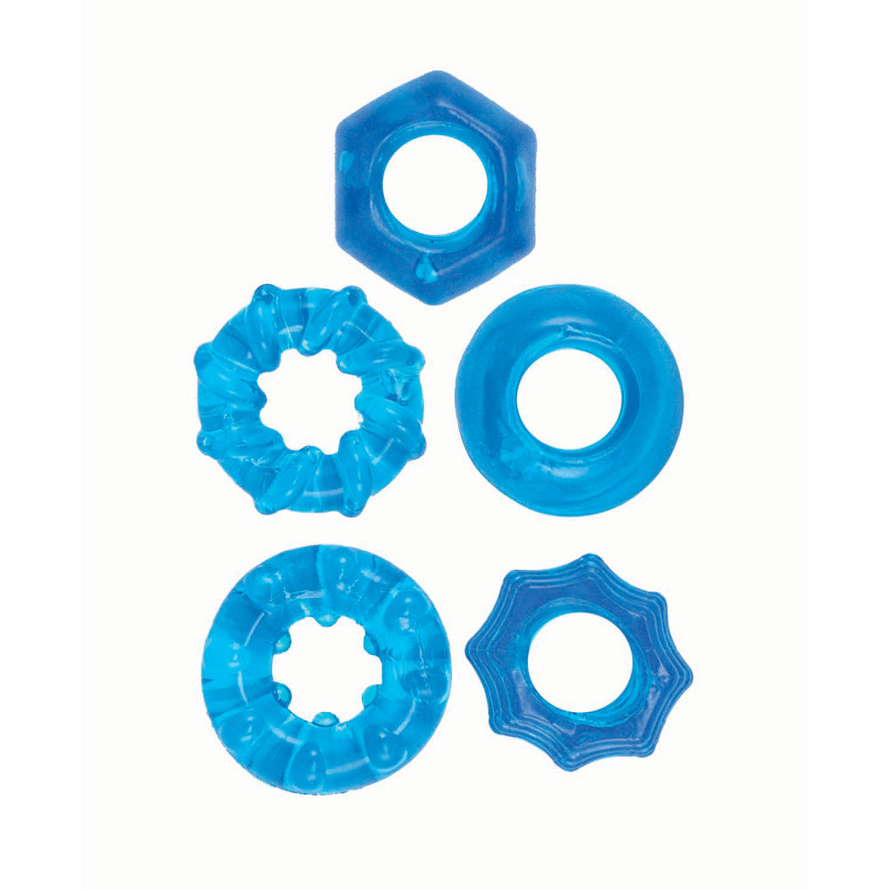Enhancer Five Piece Cock Ring Set Blue featuring five different stretchy cock rings in vibrant blue for enhanced pleasure.
