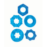 Enhancer Five Piece Cock Ring Set Blue featuring five different stretchy cock rings in vibrant blue for enhanced pleasure.
