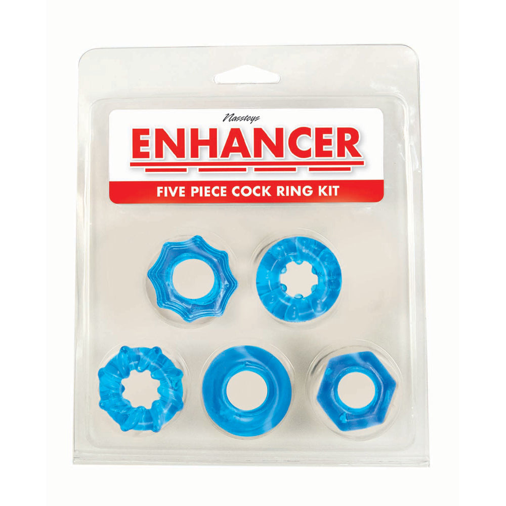 Enhancer Five Piece Cock Ring Set Blue featuring five unique stretchy rings in a clear packaging.