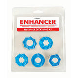 Enhancer Five Piece Cock Ring Set Blue featuring five unique stretchy rings in a clear packaging.