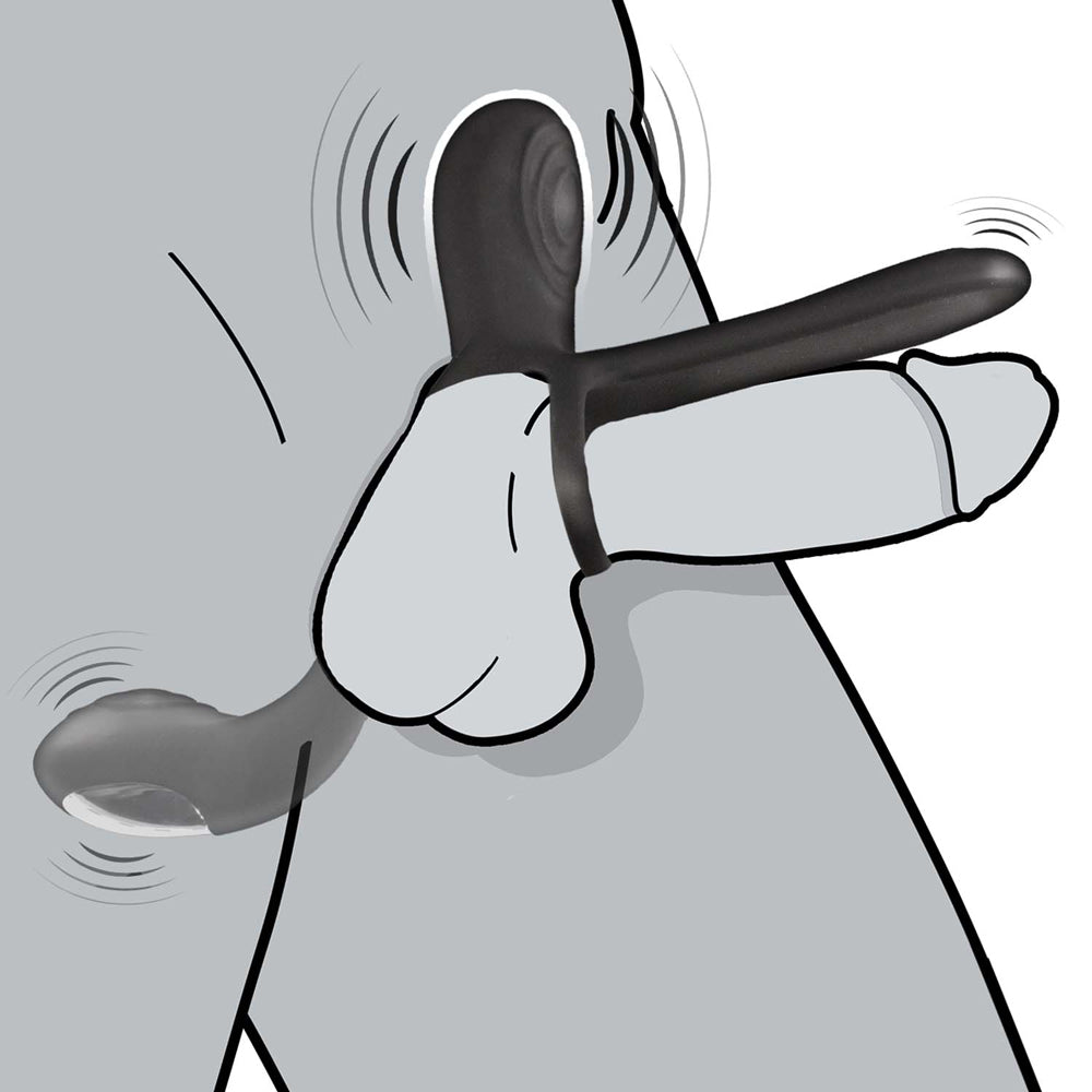 Nasstoys Enhancer Vibrating Lovers Ring Black shown in use with a perineum-stimulating arm for couples pleasure.