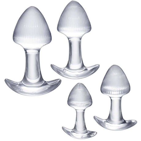 Nasstoys Walk Around Trainer Plugs 4 Piece Set Clear, featuring four graduated clear anal trainer plugs.