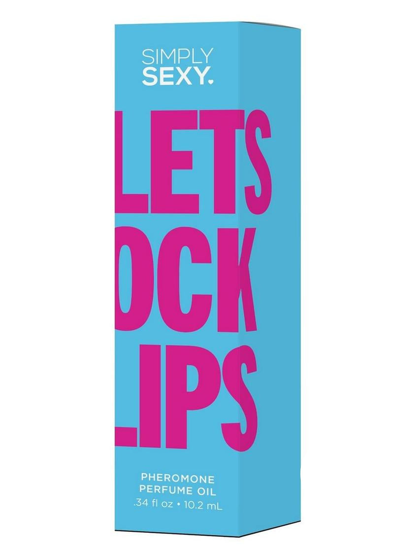 Simply Sexy Pheromone Perfume Oil Lets Lock Lips 0.34 Oz packaging featuring bright pink text and blue background.