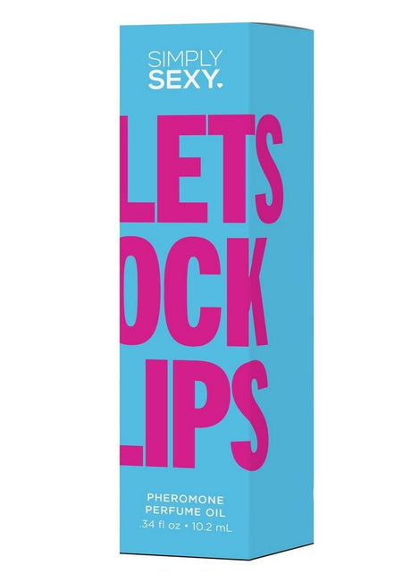 Simply Sexy Pheromone Perfume Oil Lets Lock Lips 0.34 Oz packaging featuring bright pink text and blue background.