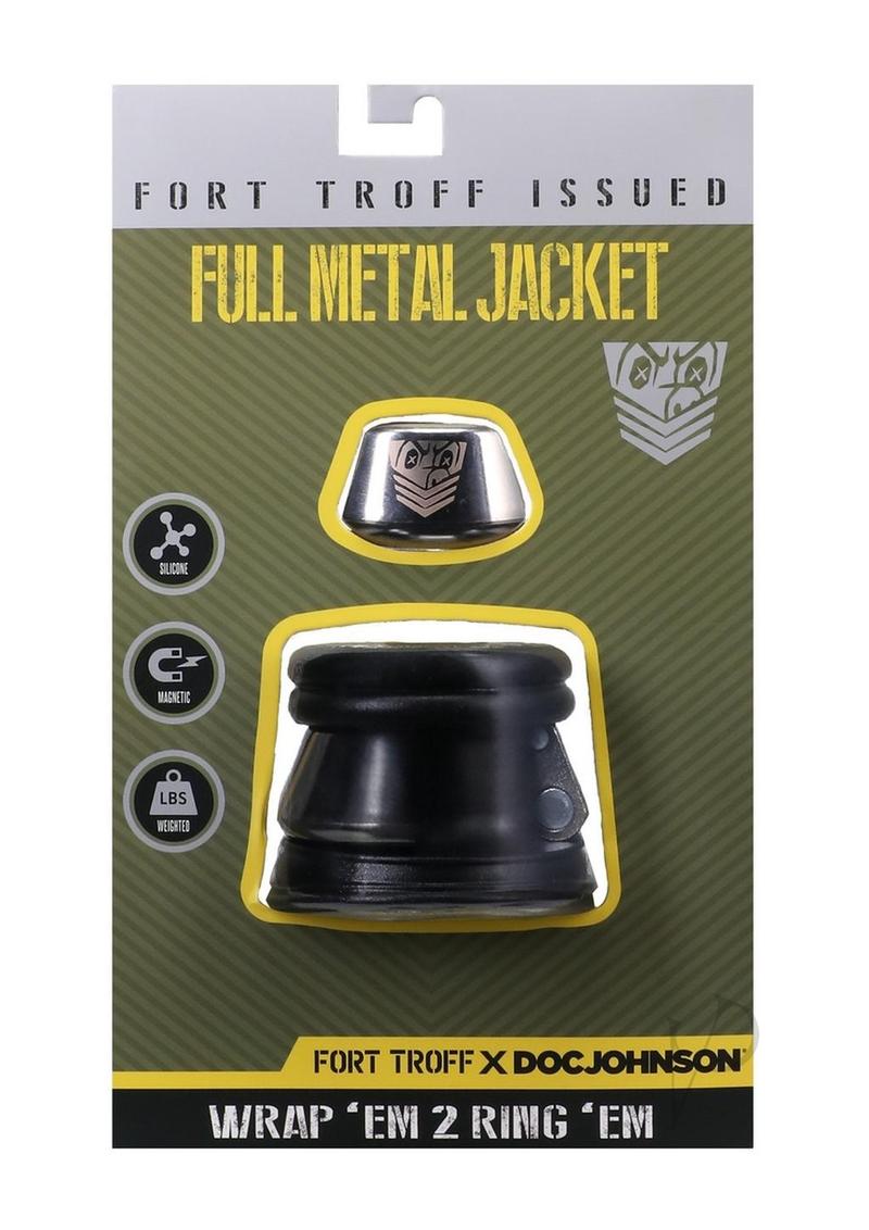 Fort Troff Full Metal Jacket Cock Ring Black packaging showcasing the innovative weighted design and body-safe materials.