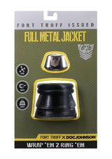 Fort Troff Full Metal Jacket Cock Ring Black packaging showcasing the innovative weighted design and body-safe materials.