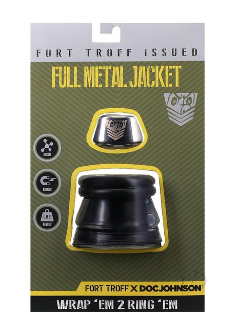 Fort Troff Full Metal Jacket Cock Ring Black packaging showcasing the innovative weighted design and body-safe materials.