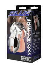 Blue Line Chastity Cage Small 2.75 inch Stainless Steel packaging featuring usage instructions and product details.