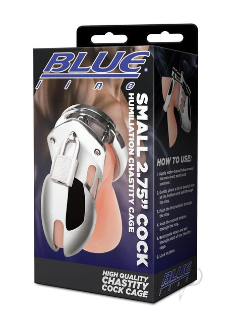 Blue Line Chastity Cage Small 2.75 inch Stainless Steel packaging featuring usage instructions and product details.