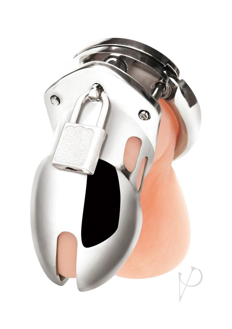Blue Line Chastity Cage Small 2.75 inch Stainless Steel with padlock and smooth surface for secure control play.