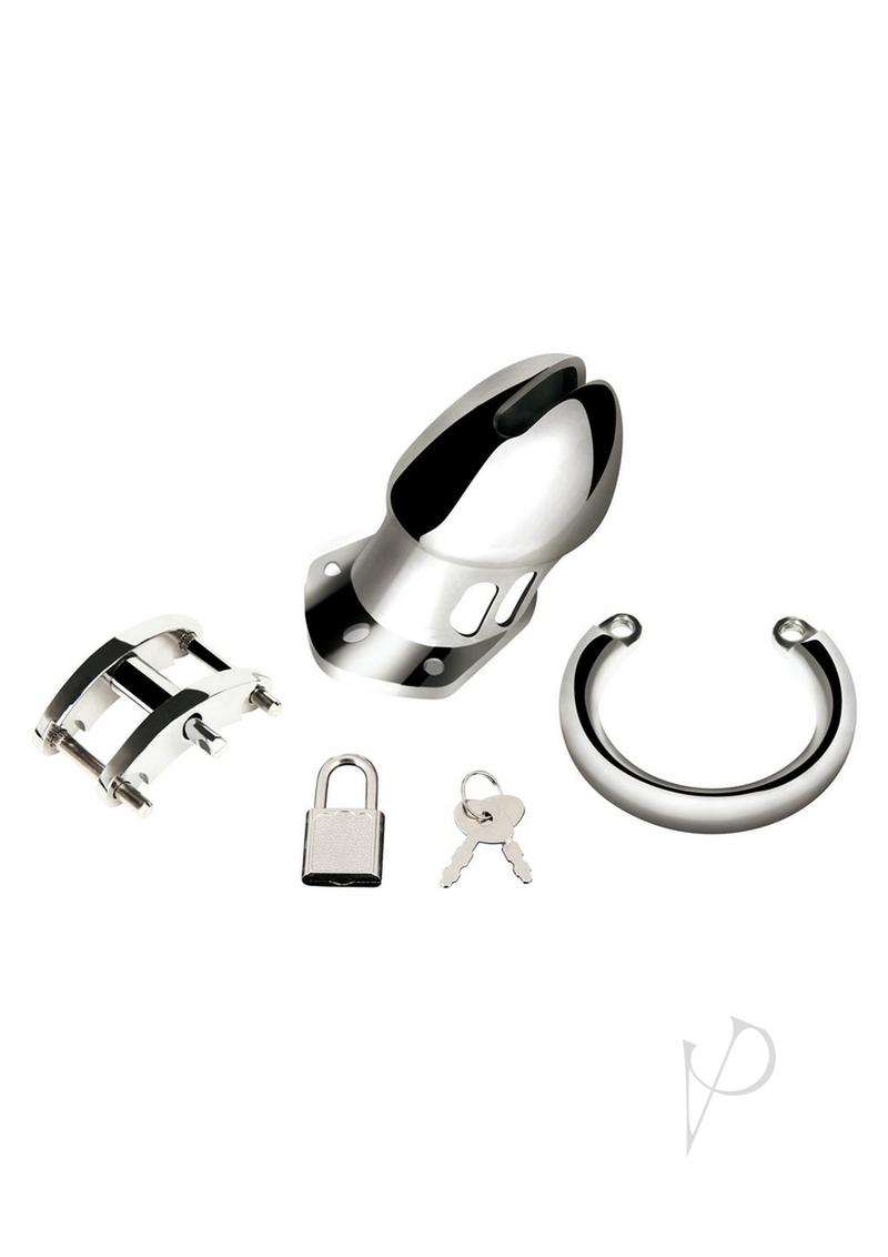 Blue Line Chastity Cage Small 2.75 inch Stainless Steel components including cage, padlock and keys.