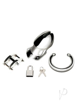 Blue Line Chastity Cage Small 2.75 inch Stainless Steel components including cage, padlock and keys.