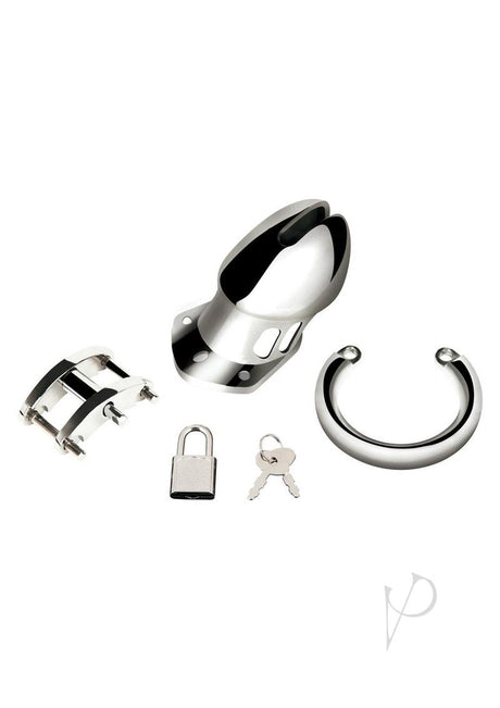 Blue Line Chastity Cage Small 2.75 inch Stainless Steel components including cage, padlock and keys.