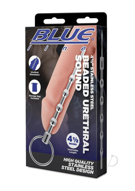 Blue Line Beaded Urethral Sound 4.5 inch Stainless Steel in packaging with detailed features.