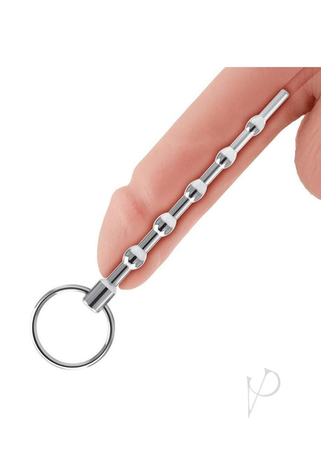 Blue Line Beaded Urethral Sound 4.5 inch Stainless Steel held between fingers.