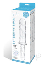 Glas Girthy Glass Cock Double Ended with Handle 11 inch packaging, showcasing its translucent design and luxurious details.