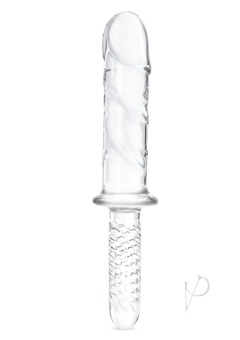 Glas Girthy Glass Cock Double Ended with Handle 11 inch showing a translucent glass design with intricate veiny detailing.