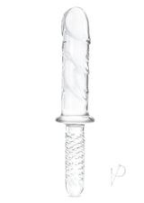 Glas Girthy Glass Cock Double Ended with Handle 11 inch showing a translucent glass design with intricate veiny detailing.