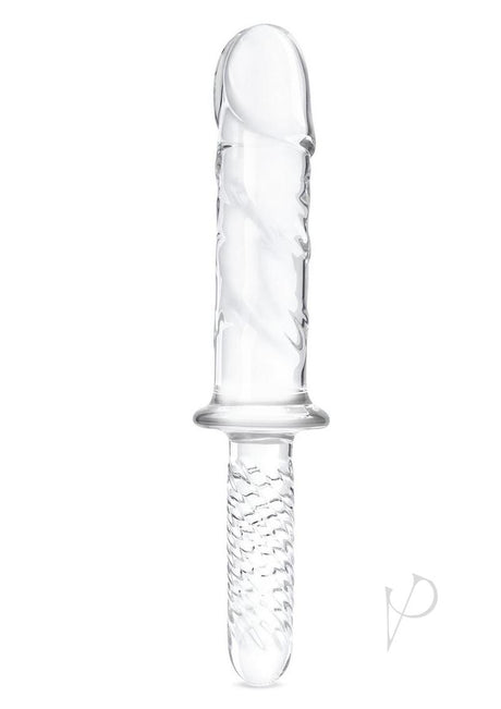 Glas Girthy Glass Cock Double Ended with Handle 11 inch showing a translucent glass design with intricate veiny detailing.