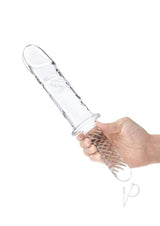 Glas Girthy Glass Cock Double Ended with Handle 11 inch held in hand, showcasing its translucent design and grip.
