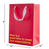 Lower Your Expectations Color Gift Bag Red with humorous message on a bright red background.