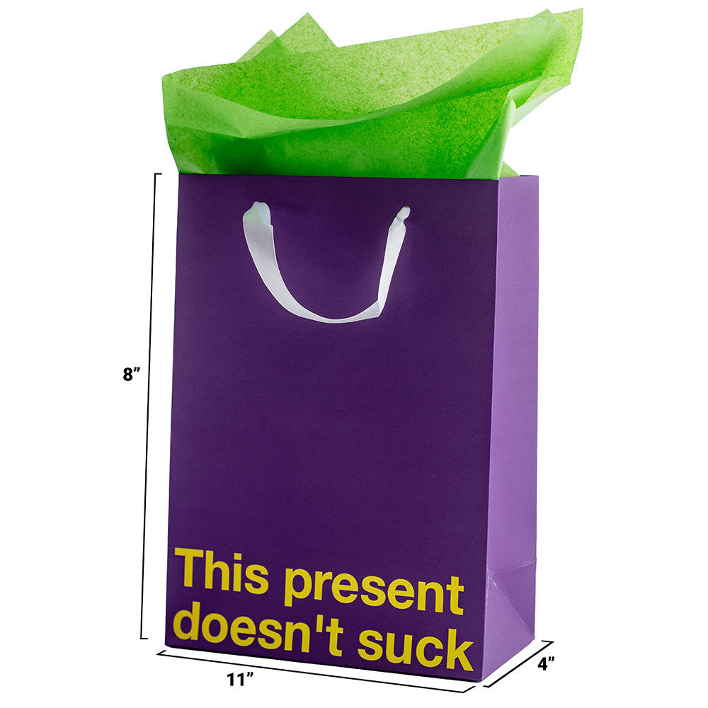 This Present Doesn't Suck Color Gift Bag Purple with green tissue paper for cheeky gift giving.