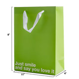 Just Smile & Say You Love It Color Gift Bag Green features a vibrant design and playful message, perfect for humorous gifting.