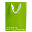 Just Smile & Say You Love It Color Gift Bag Green on display with white text for gift giving humor.