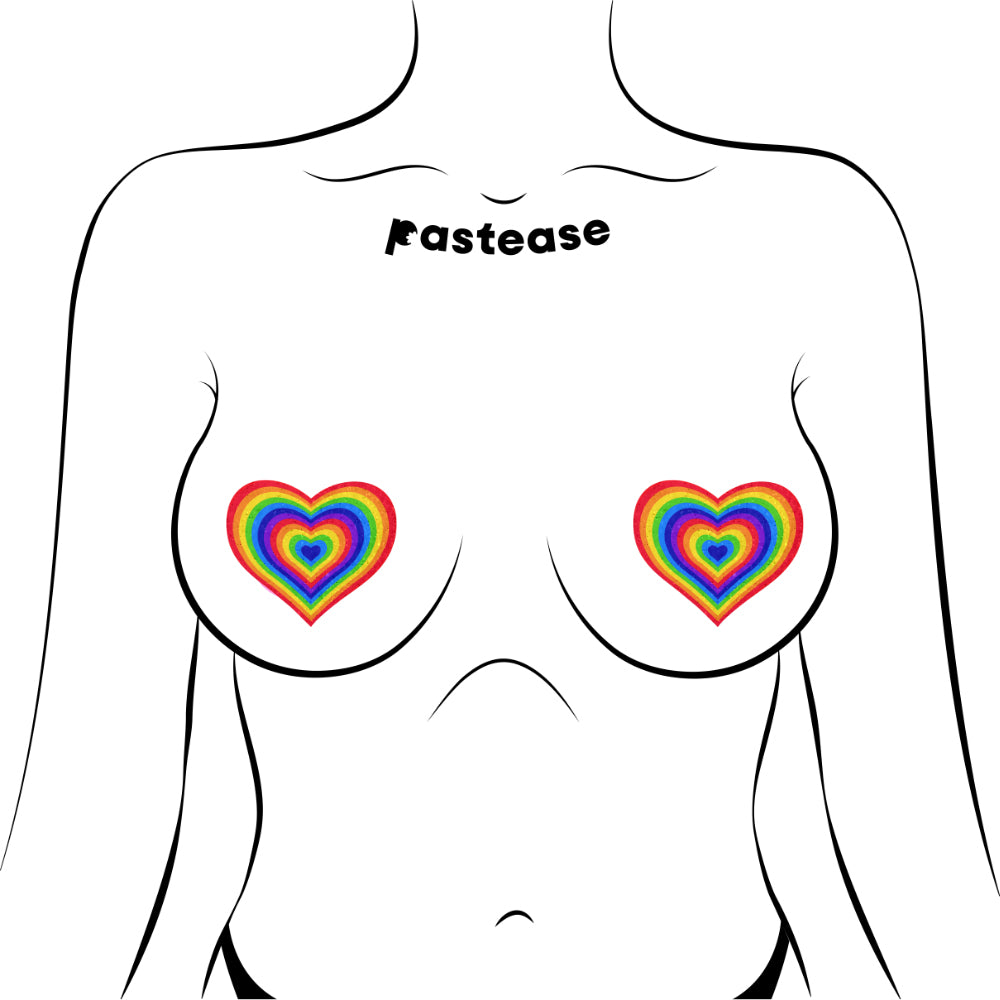Pastease Love Velvet Rainbow Pumping Heart Nipple Pasties on a body silhouette with vibrant heart design.