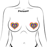 Pastease Love Velvet Rainbow Pumping Heart Nipple Pasties on a body silhouette with vibrant heart design.