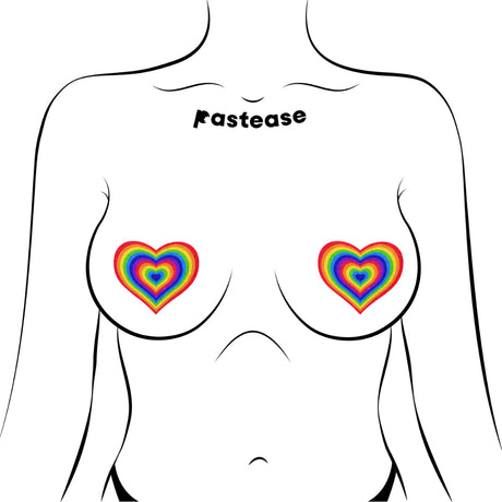 Pastease Love Velvet Rainbow Pumping Heart Nipple Pasties on a body silhouette with vibrant heart design.