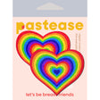 Pastease Love Velvet Rainbow Pumping Heart Nipple Pasties in vibrant colors on packaging background.