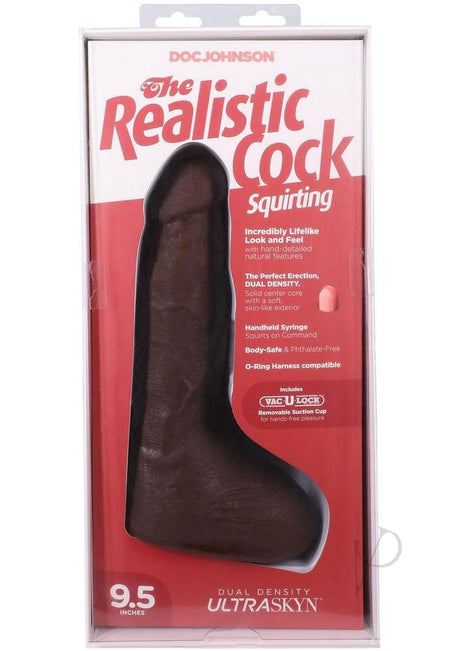 The Realistic Cock 9.5 Inch Squirting Dildo Chocolate in packaging showcasing lifelike features and squirting action.