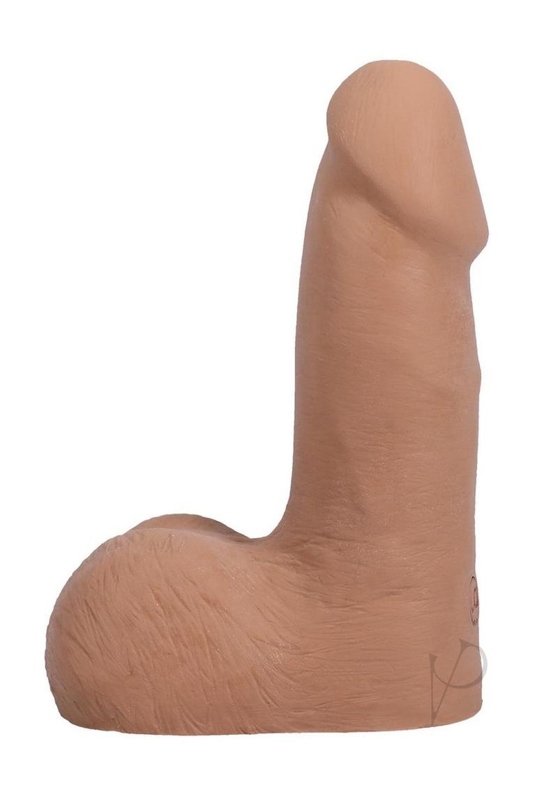 The Realistic Cock 5 inch with Balls Suction Cup Caramel side view showcasing lifelike detail and design.