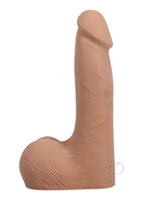 The Realistic Cock with Balls 7 inch Suction Cup Caramel displayed side view, showcasing its lifelike design and texture.