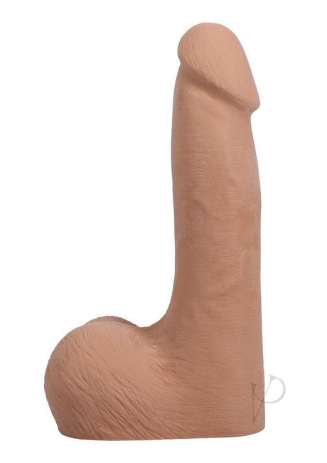 The Realistic Cock with Balls 7 inch Suction Cup Caramel displayed side view, showcasing its lifelike design and texture.