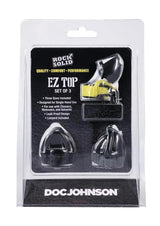 Rock Solid EZ Top Set 3 Piece Bottle Caps Black package showcasing three sizes for easy dispensing.