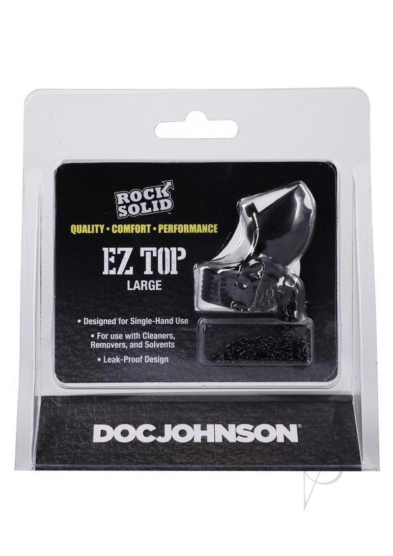 Rock Solid EZ Top Large Leak-Proof Lube Cap Black packaging displaying leak-proof design and single-hand use.